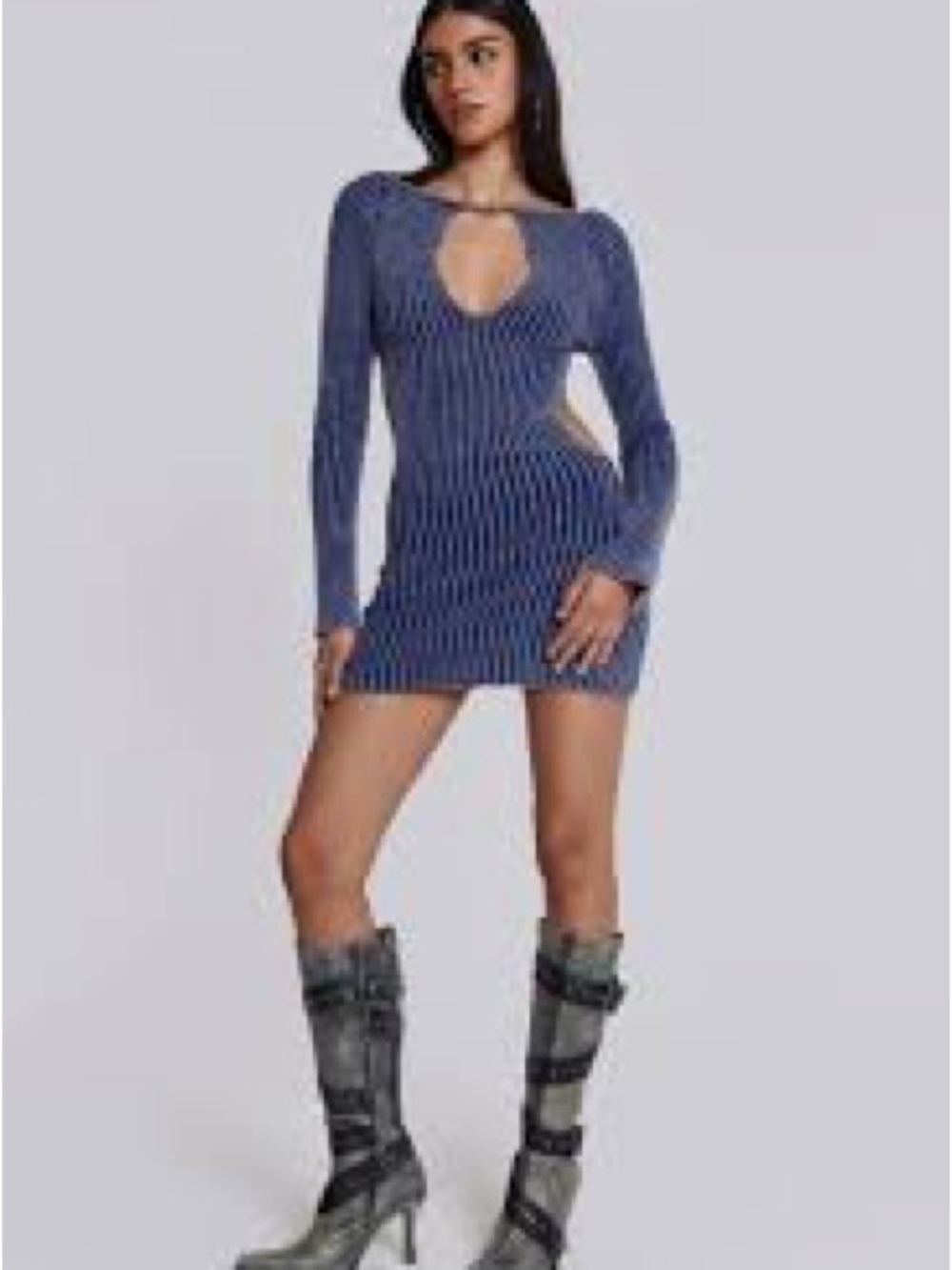 Jaded London Tribeca Gray Ribbed Knit Long Sleeve Keyhole Bodycon Dress - XS